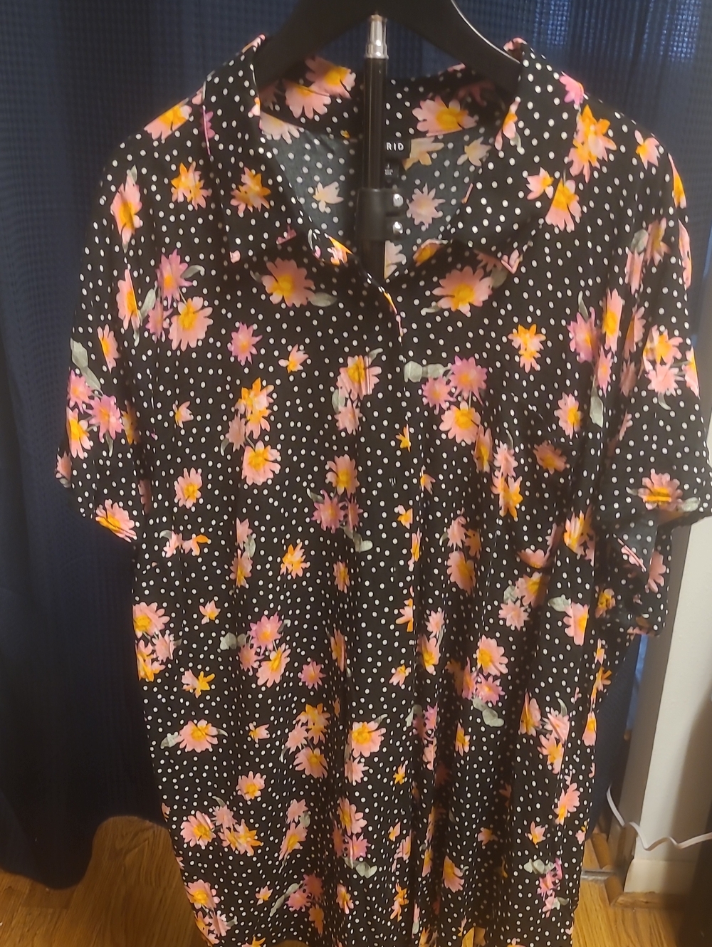 Women's Black Floral Button-Down Shirt with Pink & Yellow Blooms
